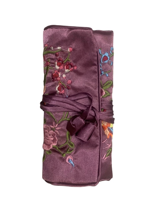Jewelry - Embroidered Jewelry Travel Bag in Luxurious Purple Satin - New